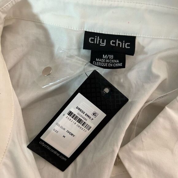City chic NWT Emily ivory white collared sort sleeve bubble hem belted shirt dre - Picture 10 of 13